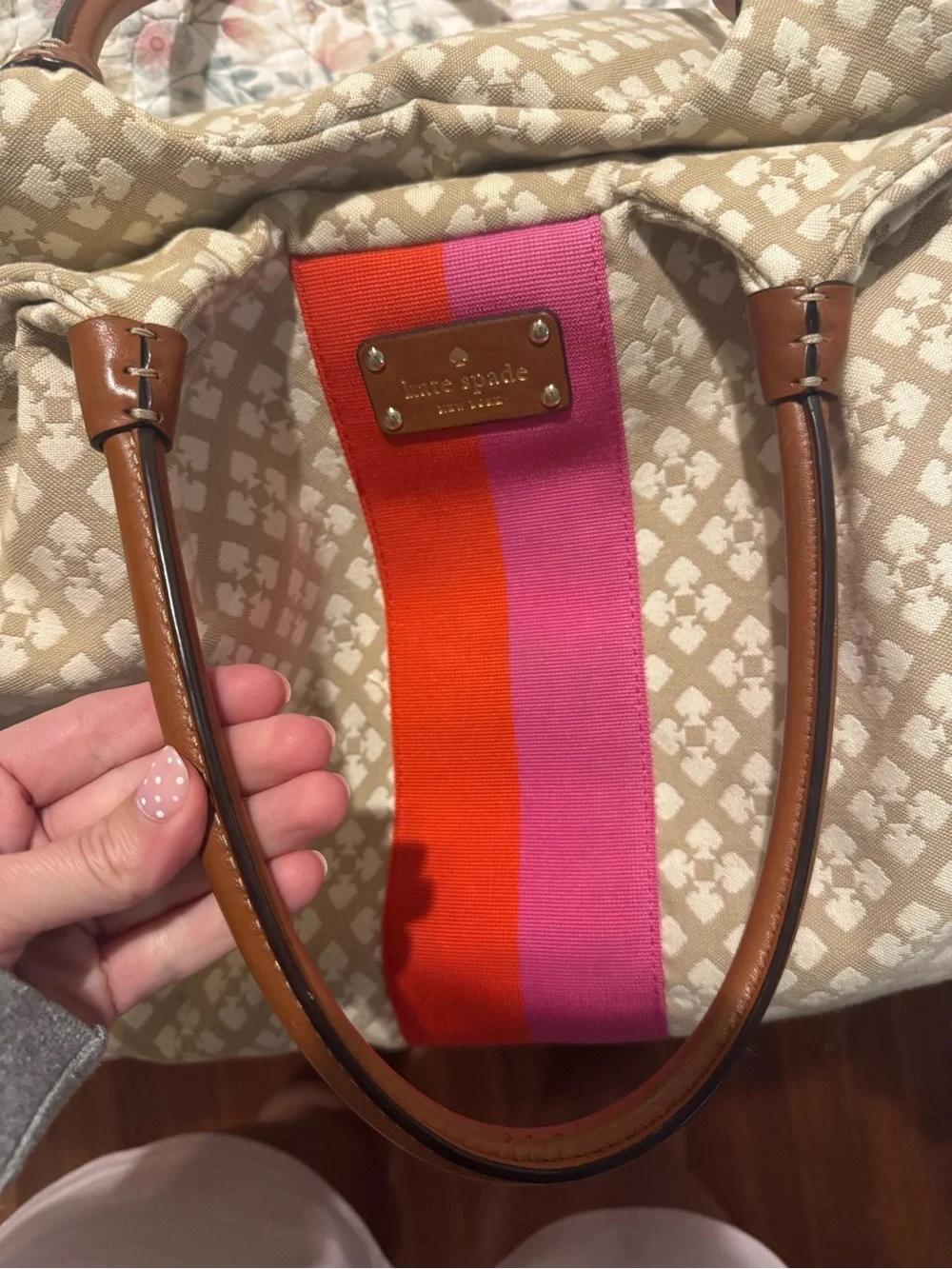 kate spade Beige Canvas Tote/Diaper Bag with Pink and Red Center Stripe